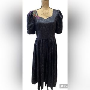 Vintage Laura Ashley Puff Sleeve Dress with Custom Ribbon Embroidery